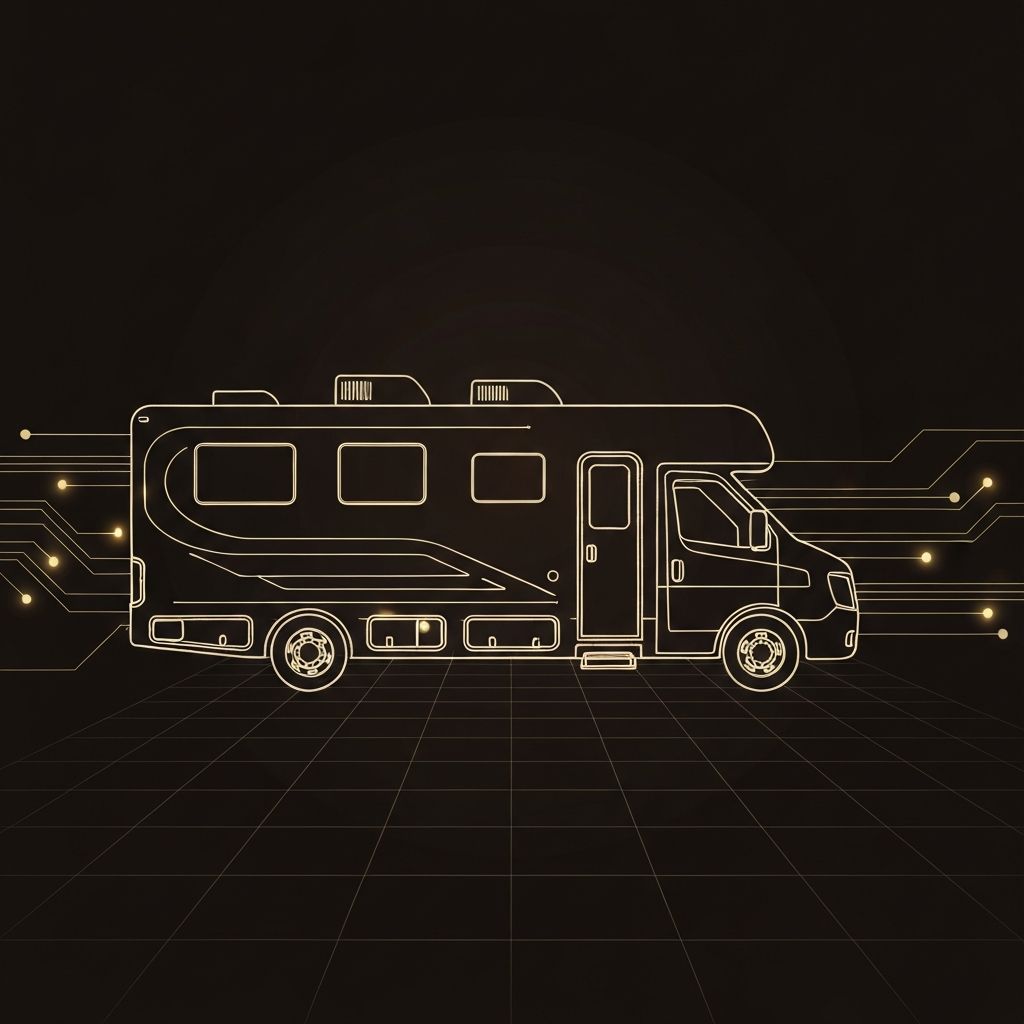 Minimal RV silhouette with digital grid and data flow overlay